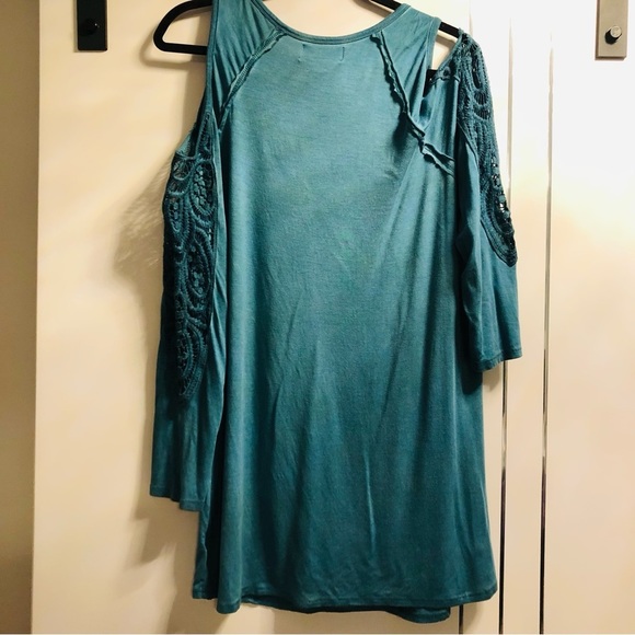 Harper Zoe Plus 1X Teal Green Cold Shoulder Long Sleeve Lace Insert - Picture 6 of 12